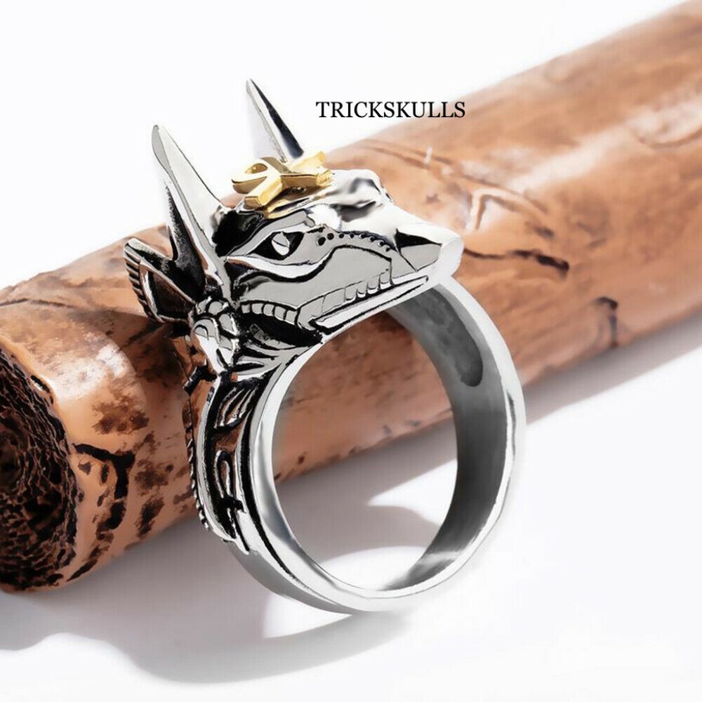 Silver Stainless Tactical Egyptian Ankh Anubis Wolf Jackal God Spikes Ring New! - Picture 7 of 10